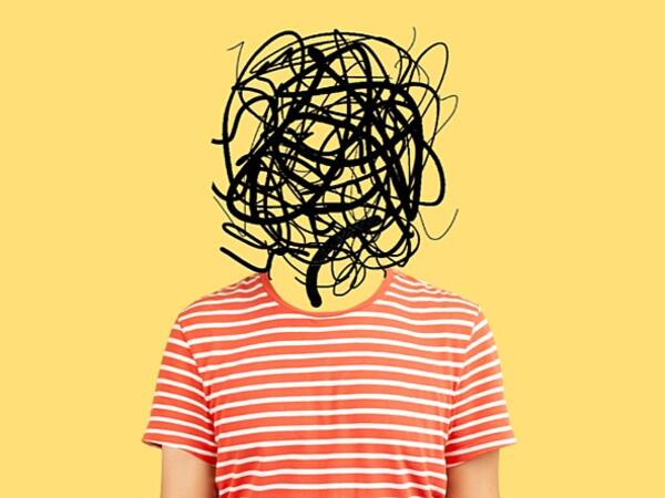 person with scribbles instead of head